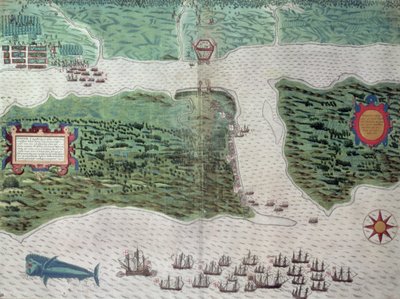 Kaart die de vernietiging van de Spaanse kolonie St. Augustine in Florida op 7 juli 1586 door de Engelse vloot onder bevel van Sir Francis Drake (1540-96) toont, 1589 door Baptista Boazio